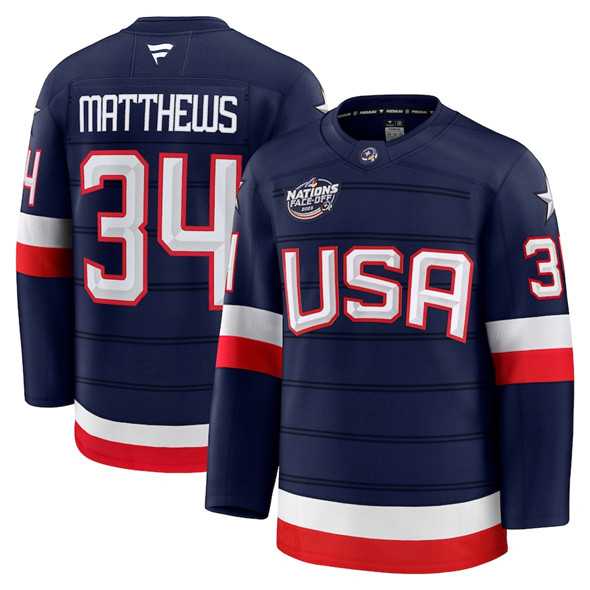 Men%27s USA #34 Auston Matthews Navy 2025 4 Nations Stitched Jersey Dzhi